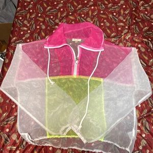 Girls Sheer Jacket Large, by love J Neon colors pullover drawstring & zip front
